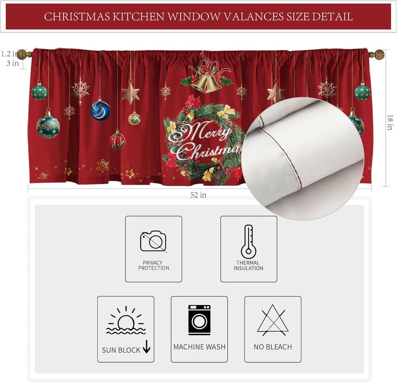 SUNWISHA Christmas Wreath Curtains Valance for Kitchen Window Decor 52 x 18 Inch Red - Image 5